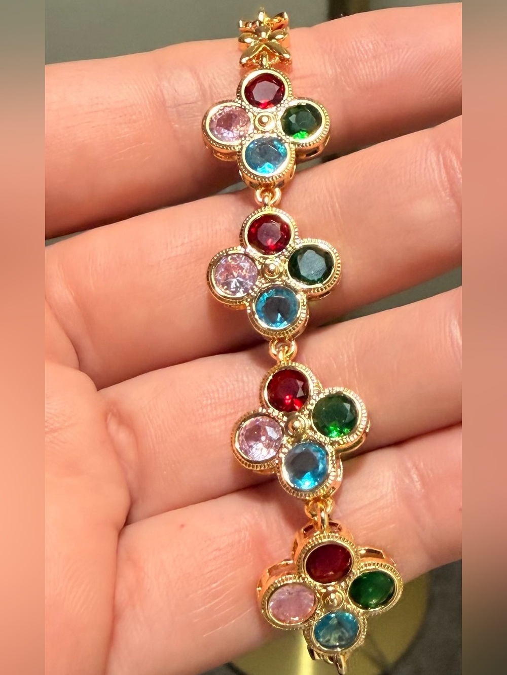 Gold Filled Over Brass Multicolor Crystal Flower Link Bracelet - Picture 3 of 4